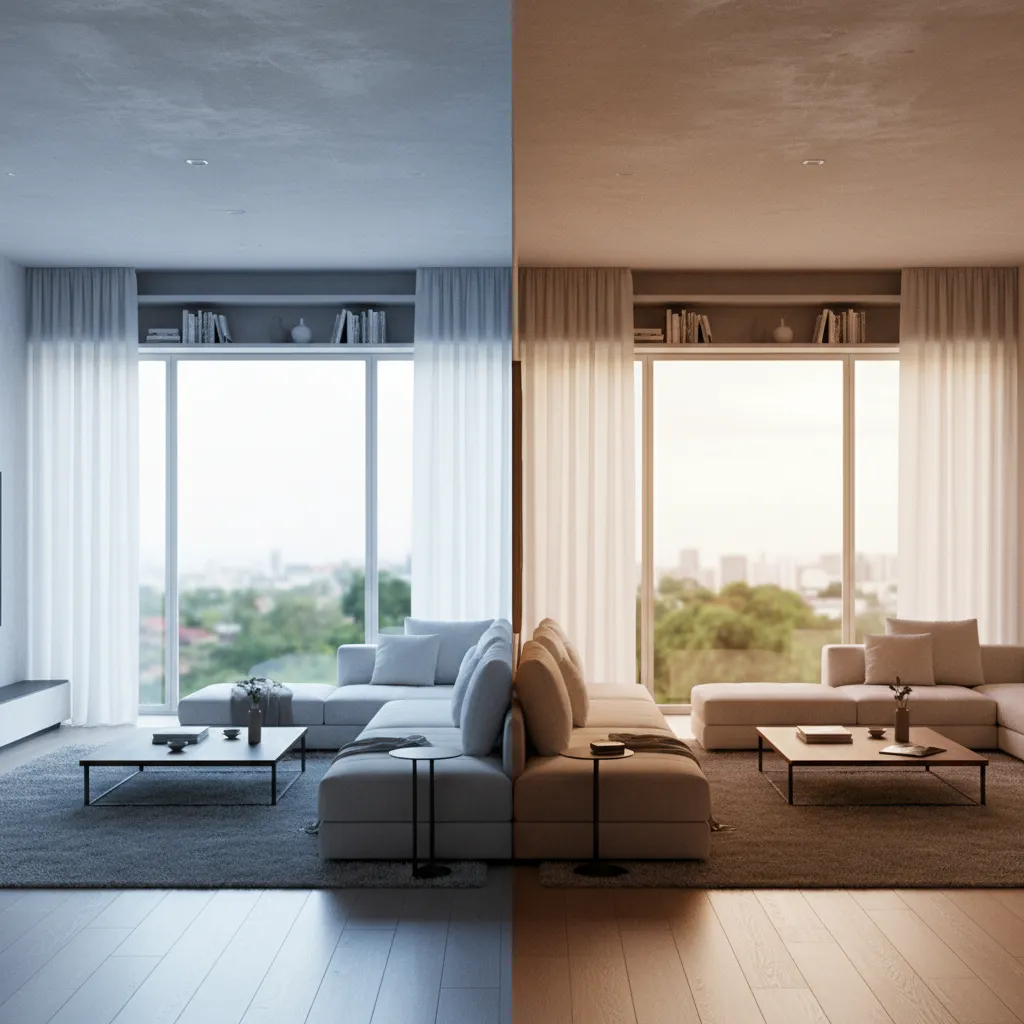 Side by side architectural render comparison between V-Ray and Corona