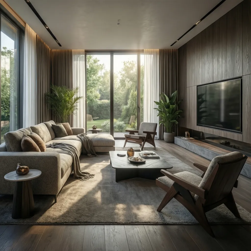 Render fotorrealista de salón moderno generado con V-Ray