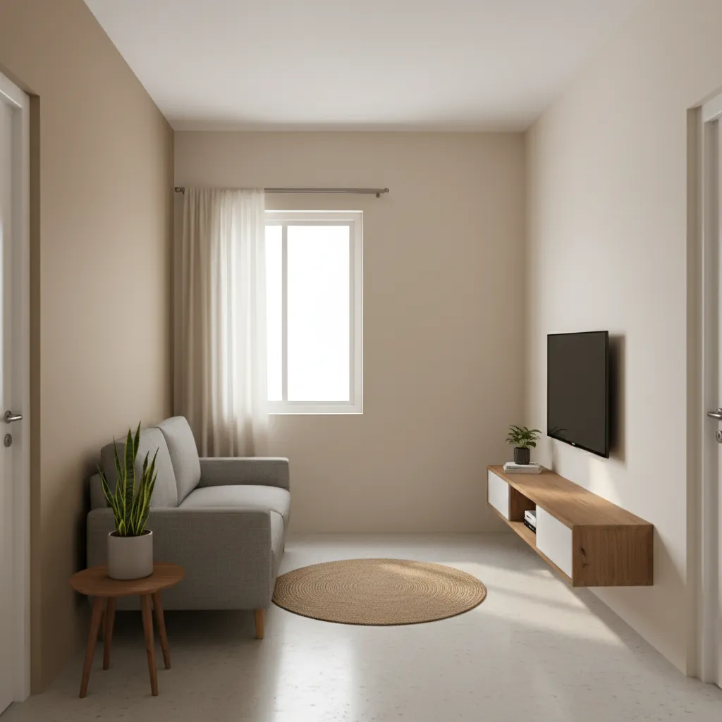 Compact living room layout in a small 1 BHK flat in Vrindavan