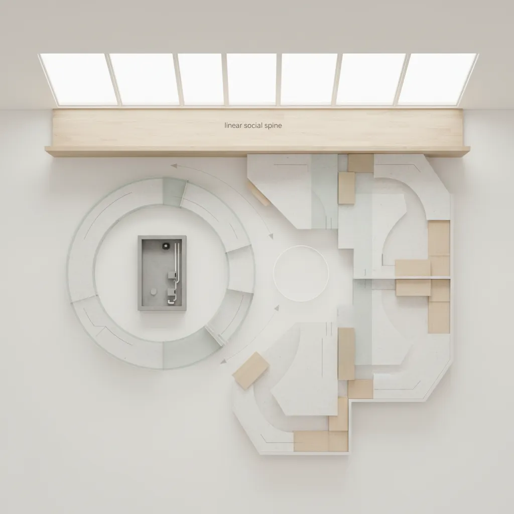 Modern interior design drawing showing a circular desk area and social space under a window