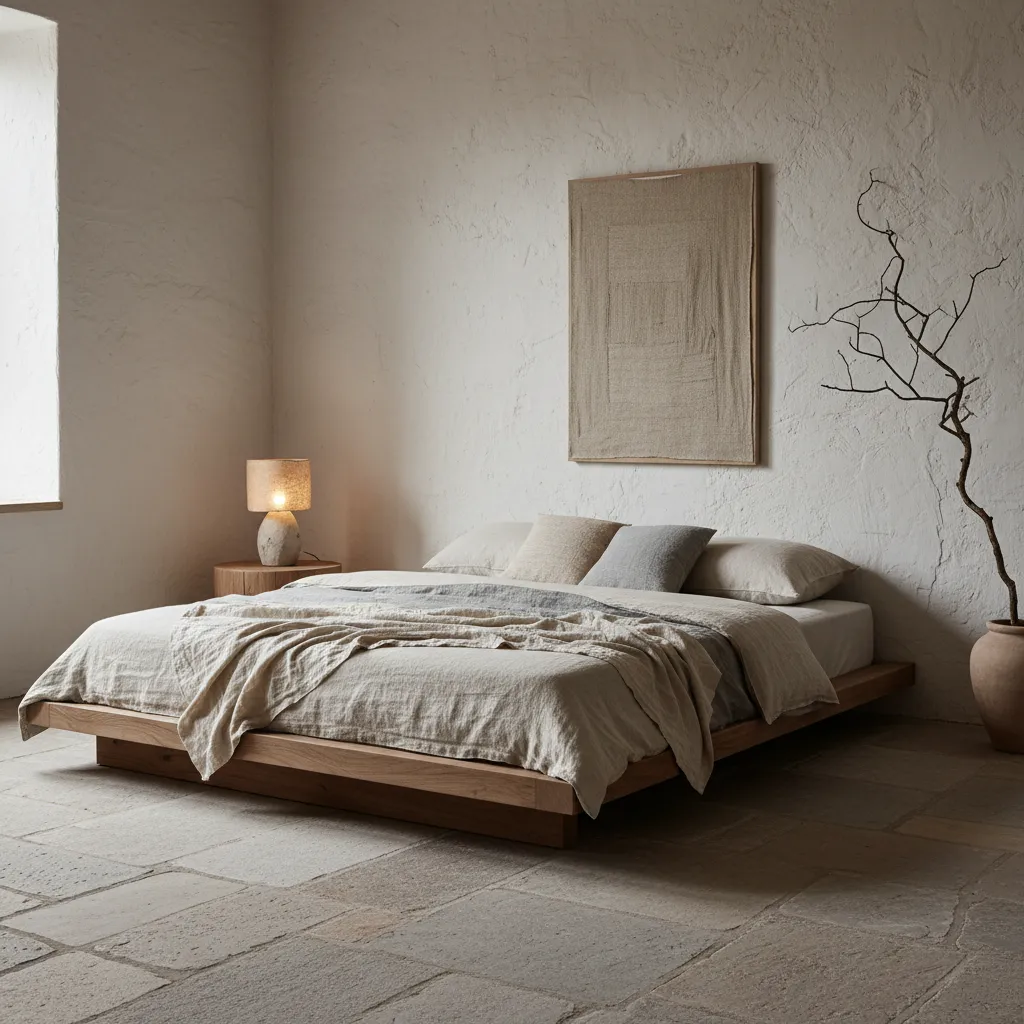 Dormitorio tranquilo con estética wabi-sabi y textiles naturales