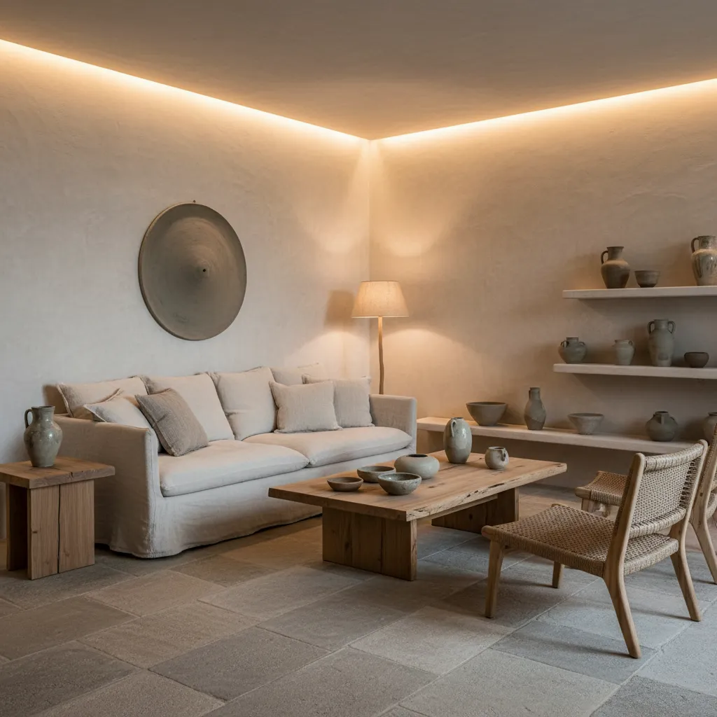 Salón completo diseñado con principios wabi sabi