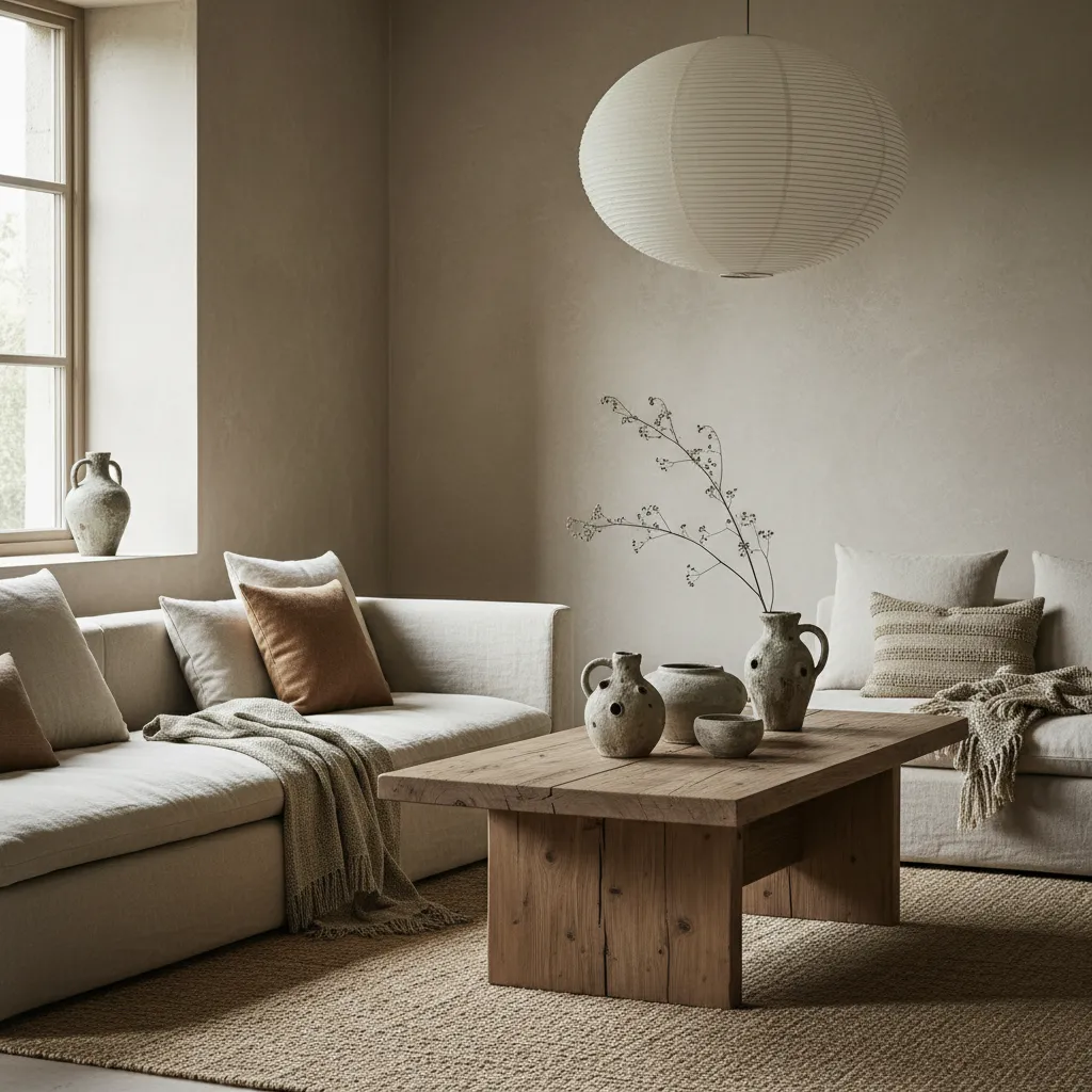 Salón minimalista con materiales naturales y estética wabi sabi