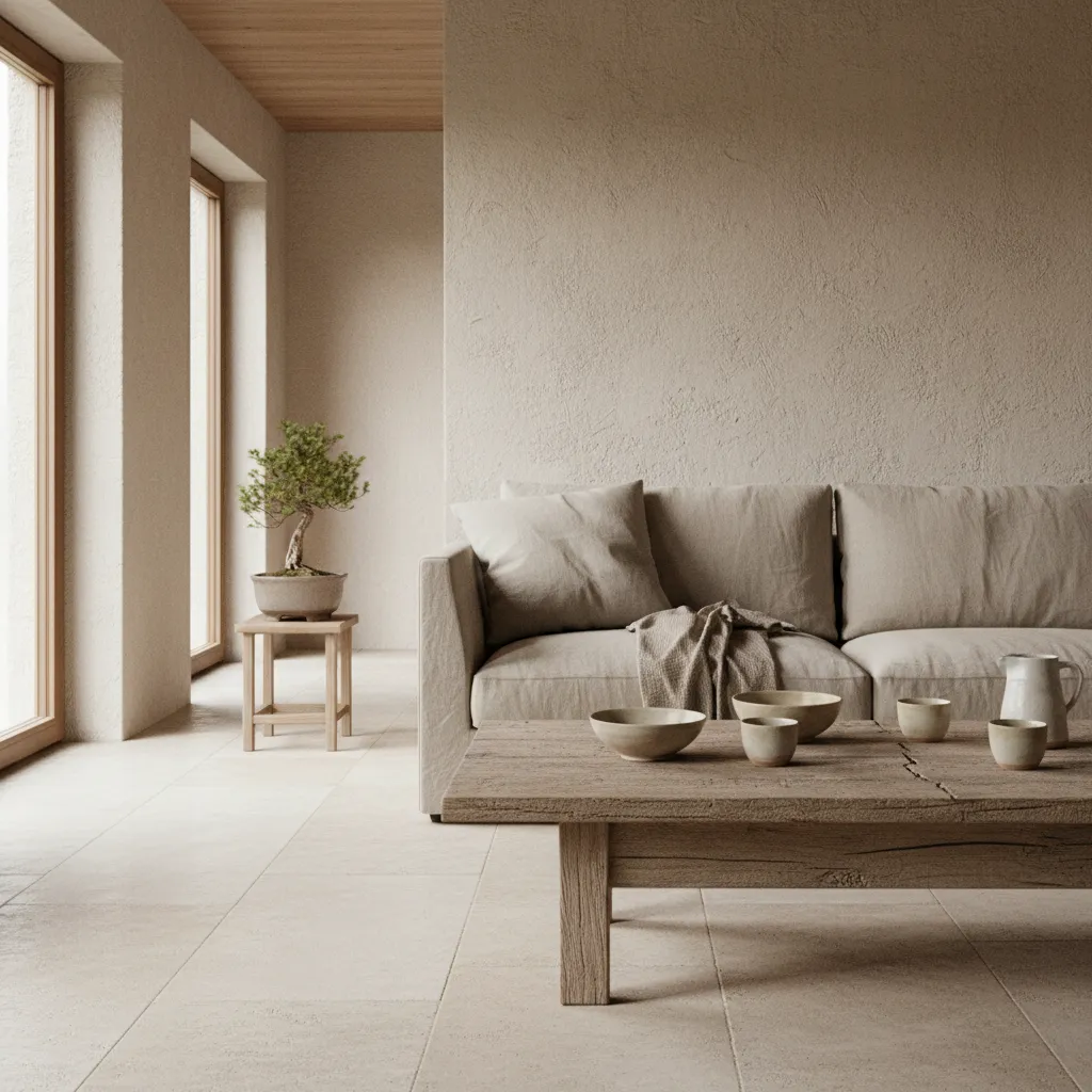 Sala de estar wabi sabi con madera envejecida y decoración mínima