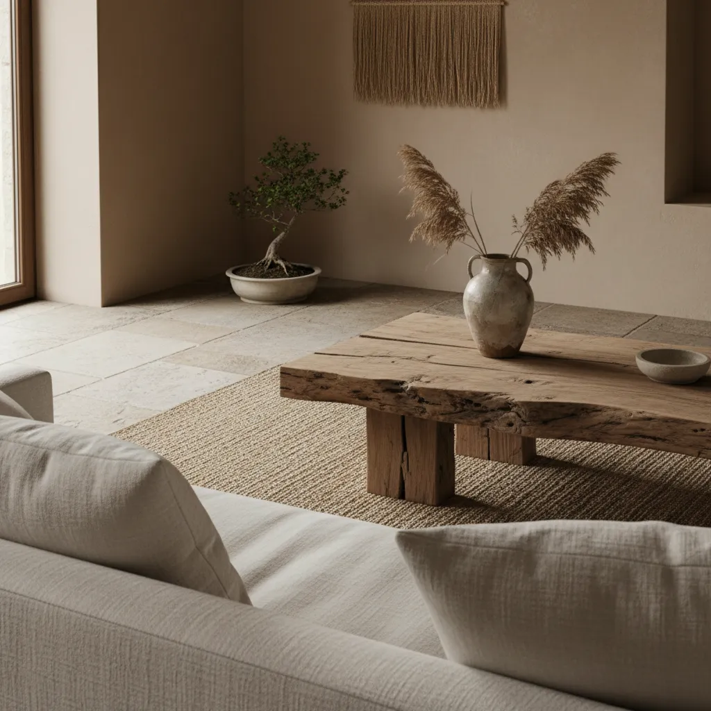 Sala de estar con mesa de madera imperfecta y cerámica artesanal