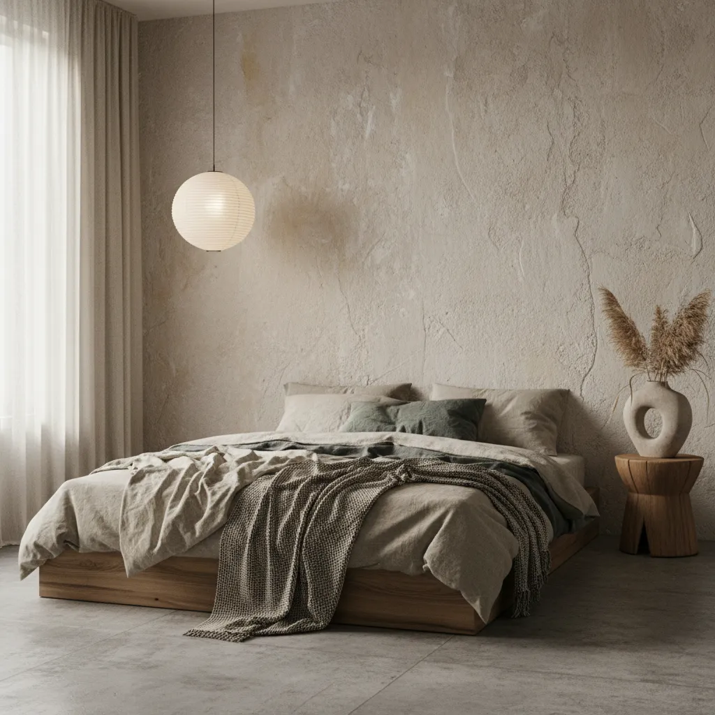 Dormitorio minimalista estilo wabi sabi
