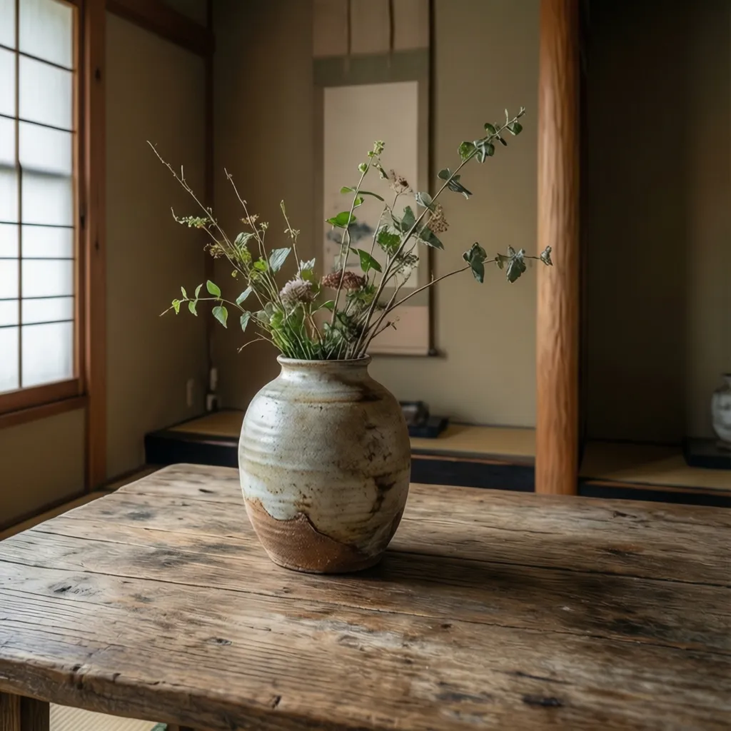 Interior con decoración mínima y cerámica artesanal