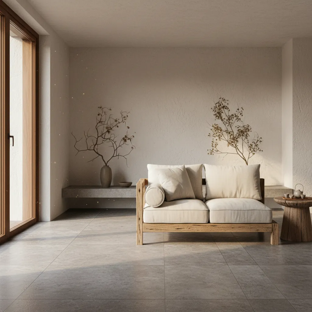 Salón minimalista con pocos muebles y espacio abierto