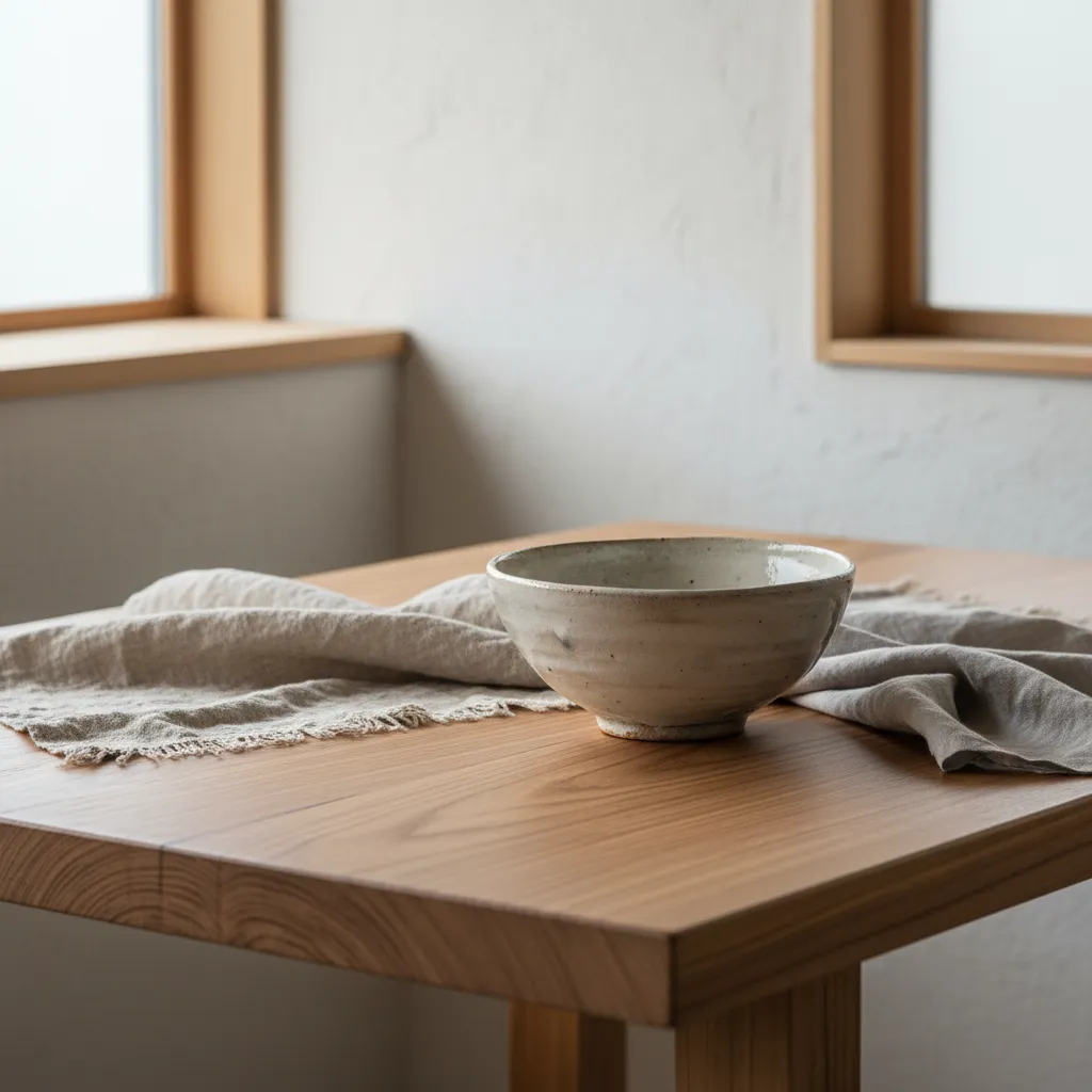 Detalle de materiales naturales en interior wabi sabi