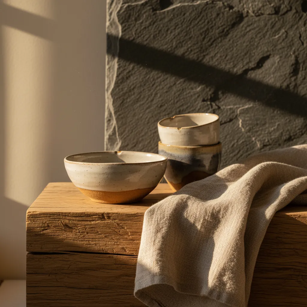 Detalle de materiales naturales usados en interiores wabi sabi