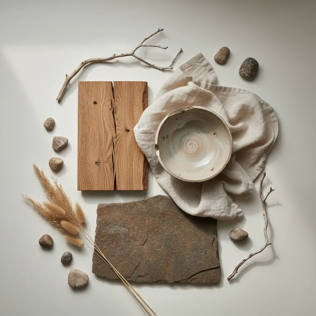Detalle de materiales naturales como madera, lino y cerámica