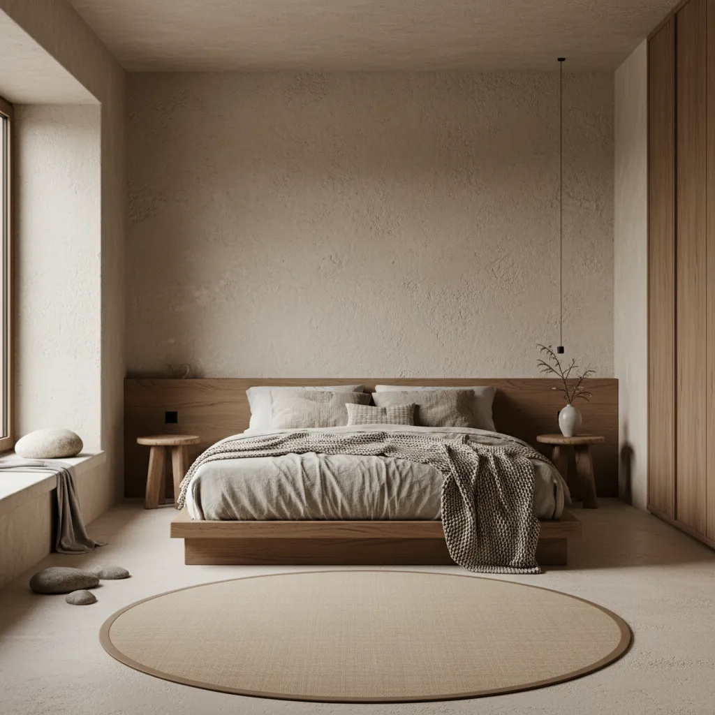 Habitación con madera natural, lino y paredes de cal