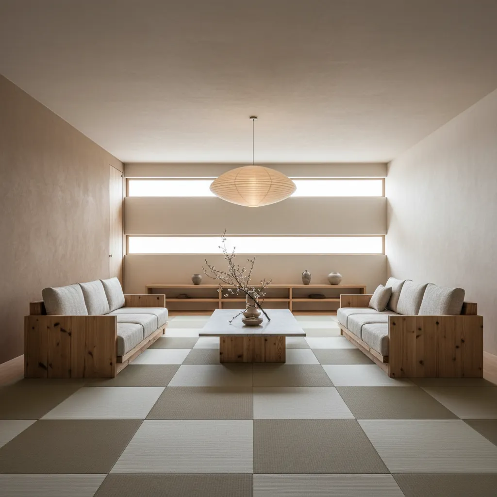 Sala abierta con pocos muebles y distribución equilibrada estilo wabi sabi