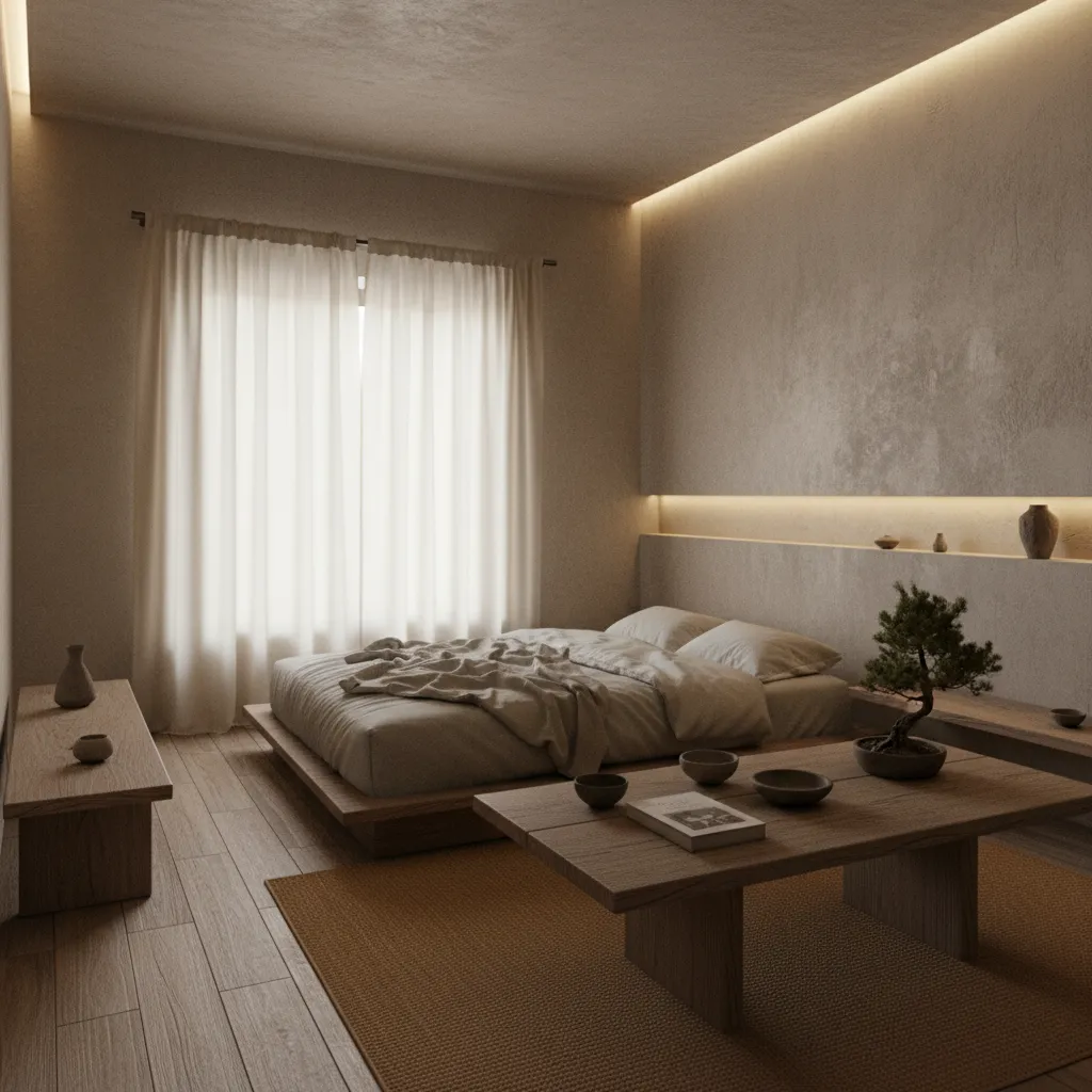 Pequeño apartamento con diseño wabi-sabi y luz cálida