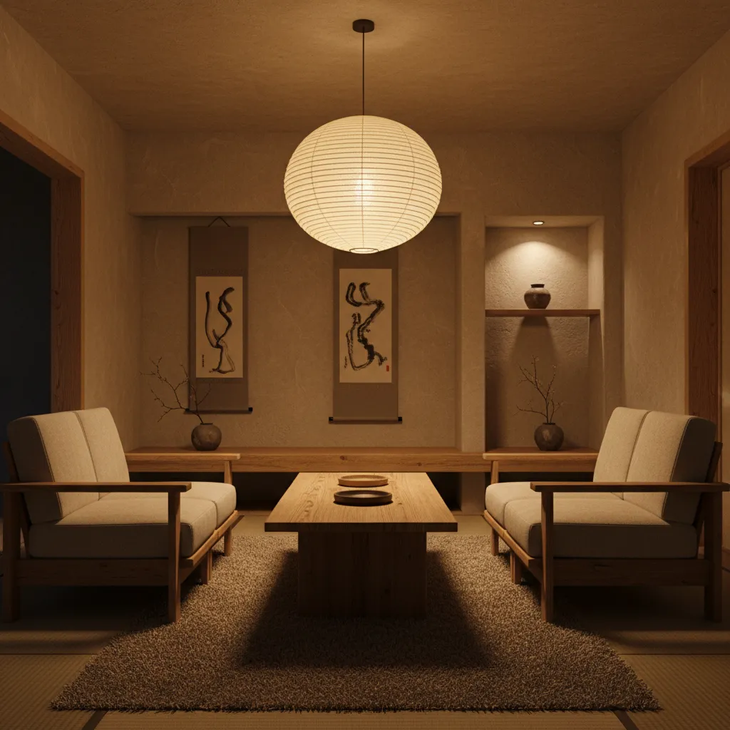 Interior wabi sabi con iluminación cálida y lámpara de papel