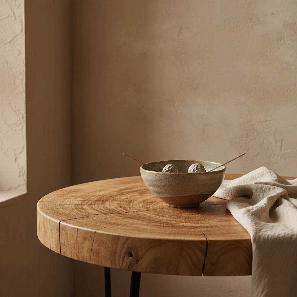 Detalle de materiales naturales en interior wabi sabi