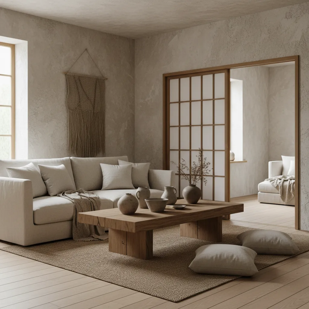 Salón con pared de yeso texturizado y decoración minimalista wabi sabi
