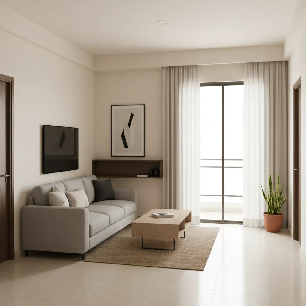Compact living room layout design for a 1 BHK flat in Wagholi