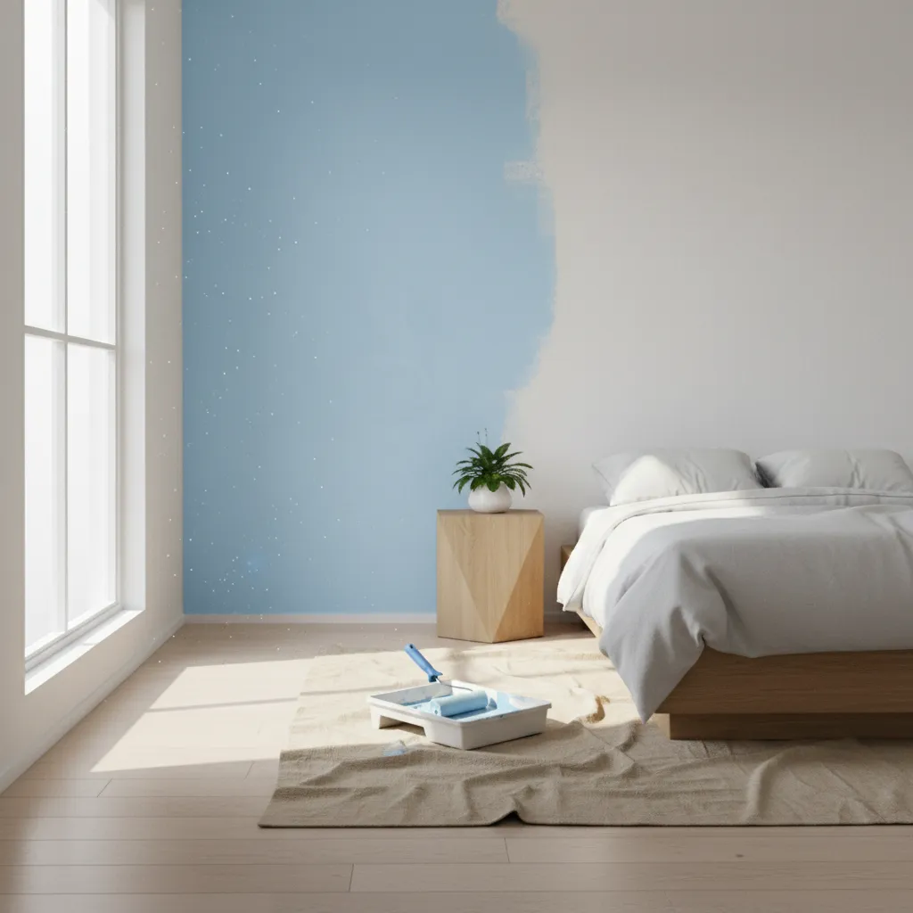 Freshly painted bedroom wall drying with roller tray on floor