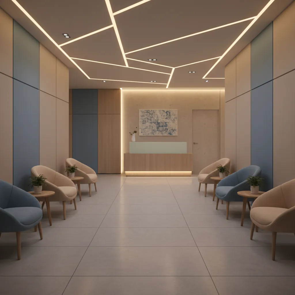Waiting room interior showing warm artificial lighting interacting with wall colors