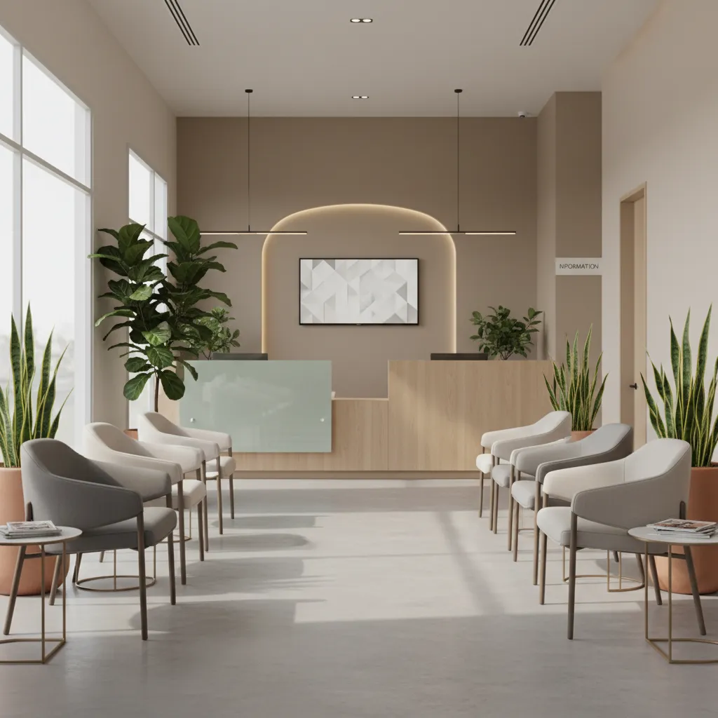 Waiting room interior showing neutral base color with balanced accent colors