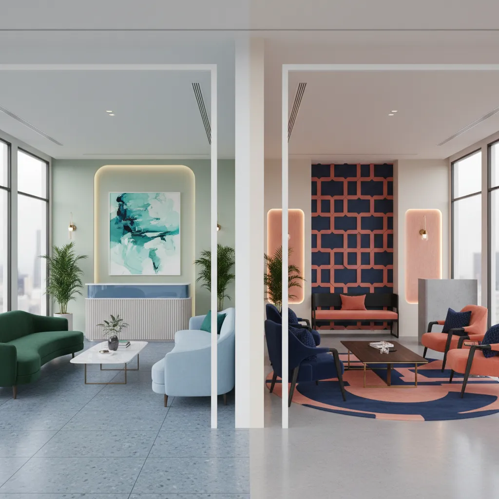 two waiting rooms showing calm analogous palette and bold complementary palette