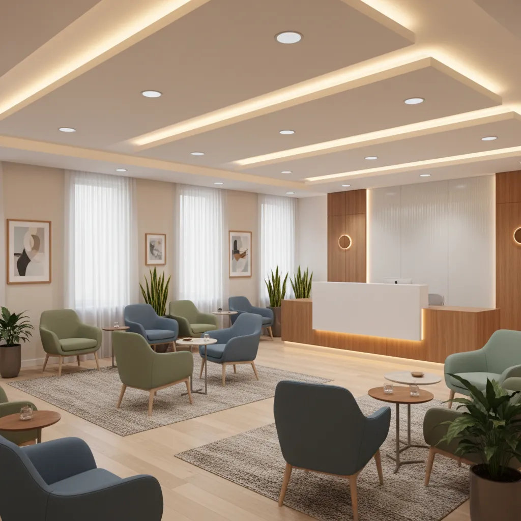 Waiting room interior showing balanced lighting improving wall color appearance