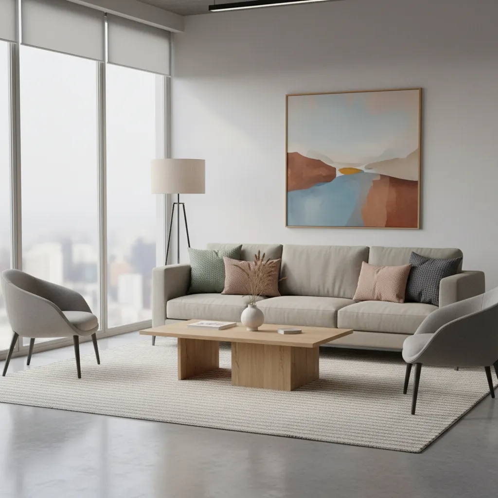Reception waiting room using rugs and upholstery to balance color palette