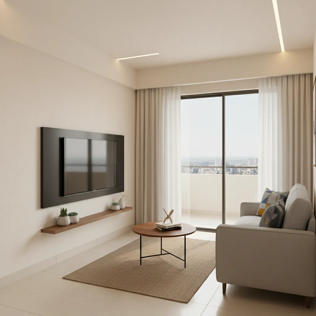 compact 1 BHK living room design in Wakad Pune apartment