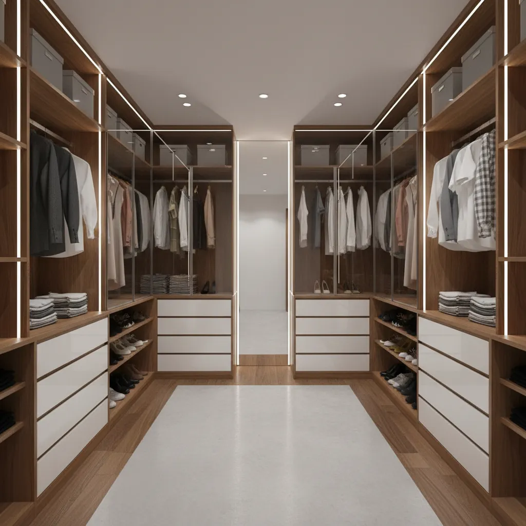 Walk in closet layout showing walkway clearance and cabinet placement