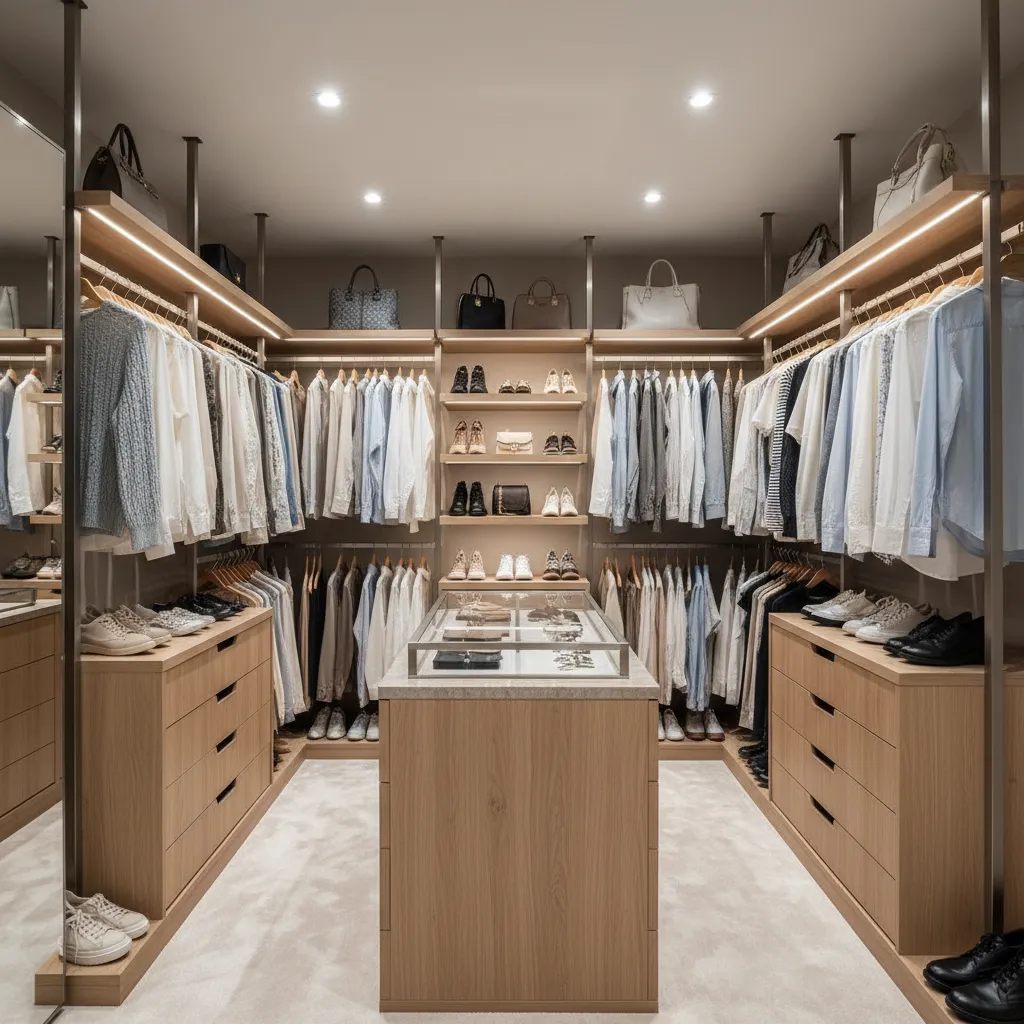 Symmetrical walk in closet layout with central wood cabinet hanging clothes many shoes and bags