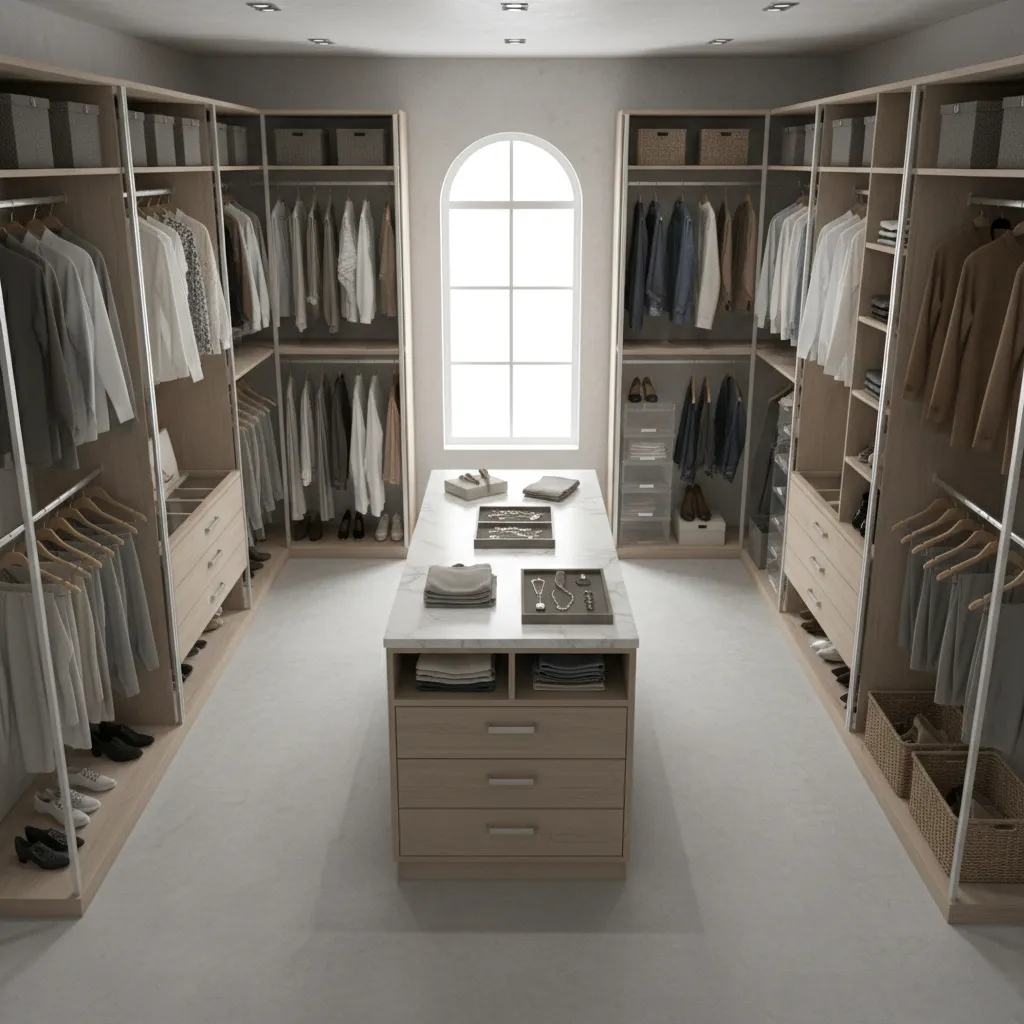Top perspective showing closet layout zones including hanging space shelves and walkway