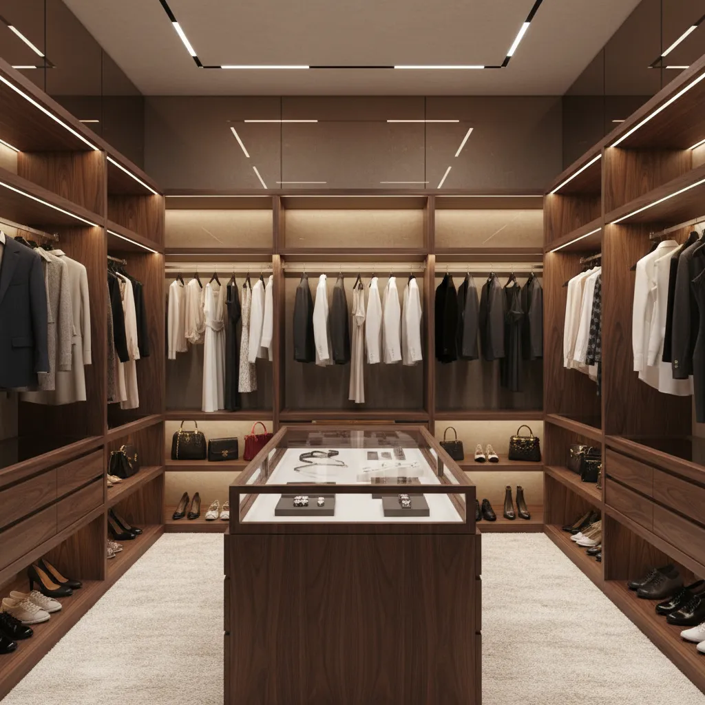 Vestidor moderno con iluminación integrada en estantes y barras