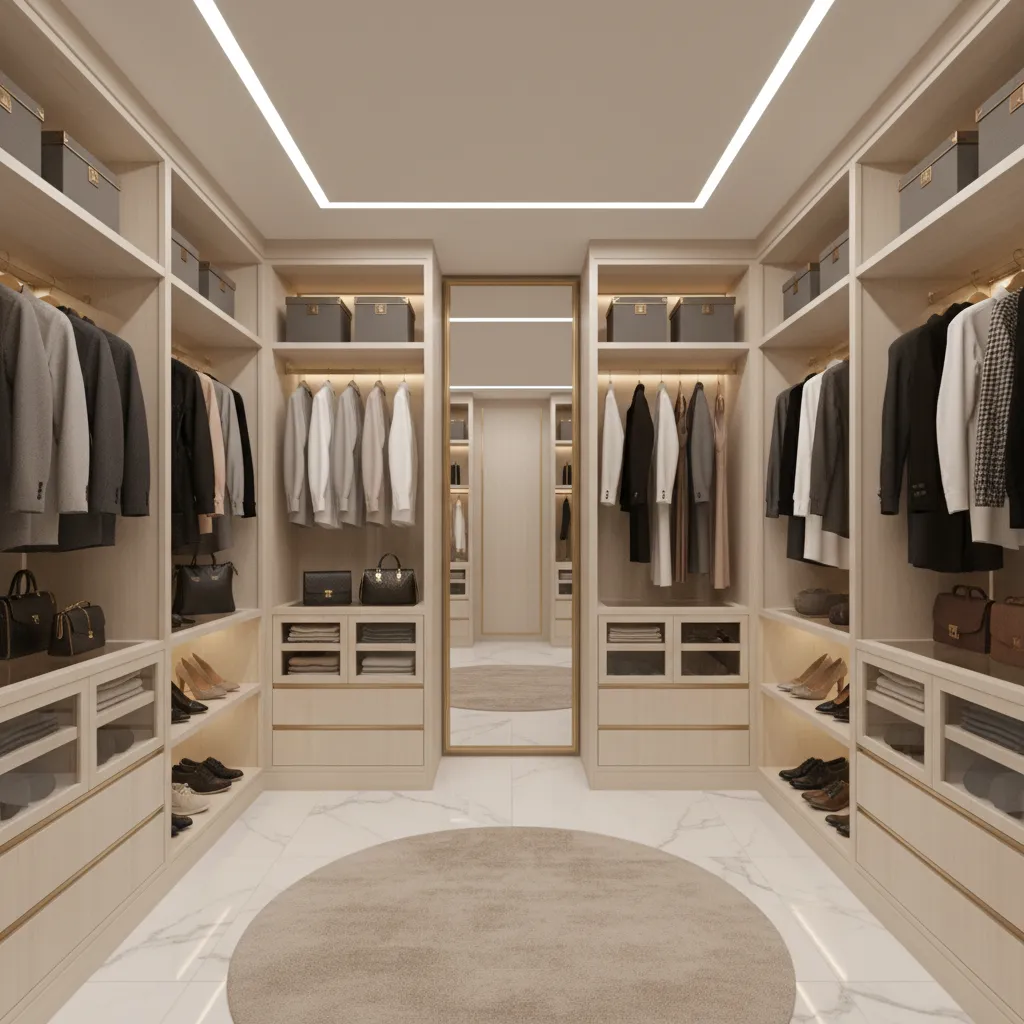 Walk in closet interior with U shaped wardrobe layout and central walkway
