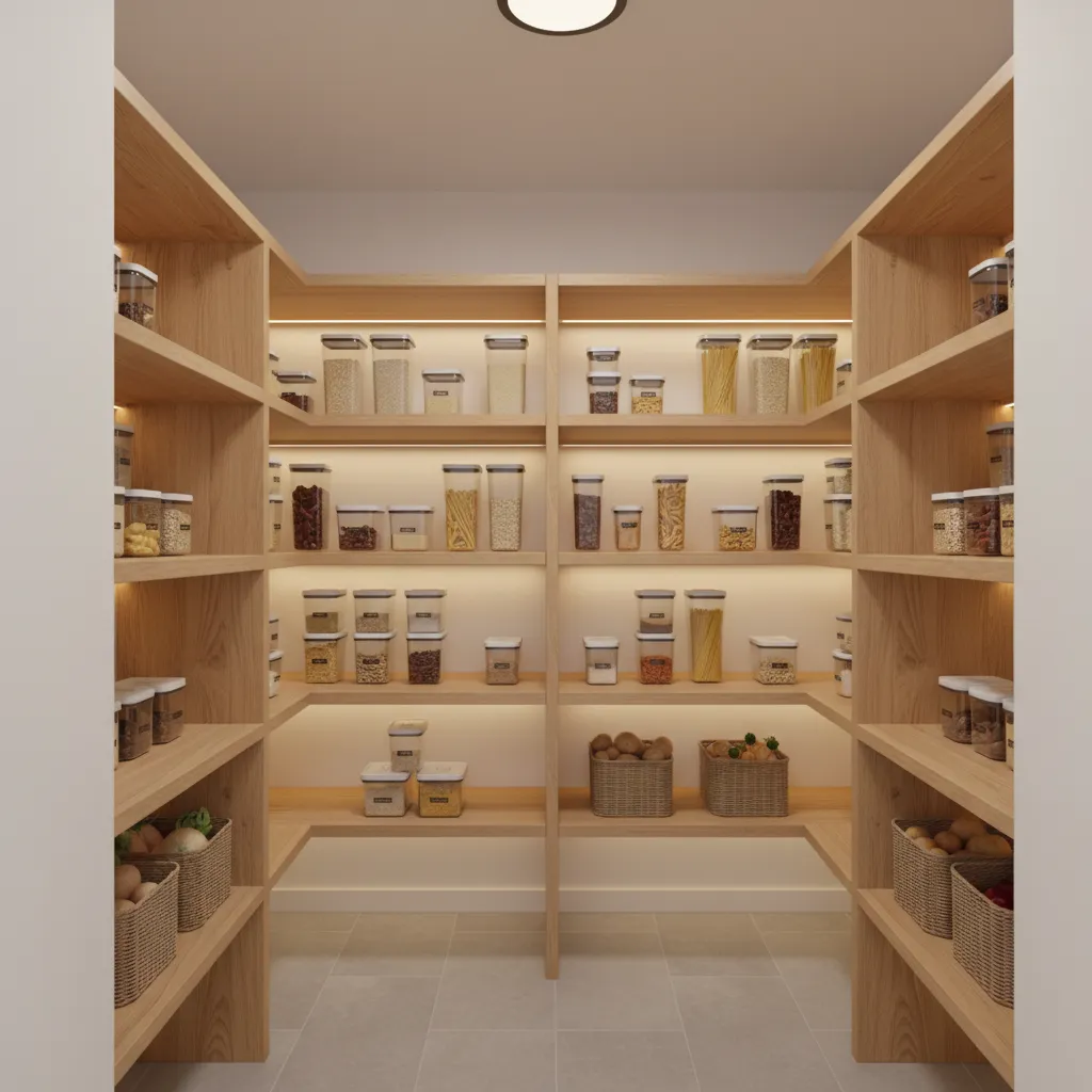 walk in corner pantry storage shelves inside kitchen