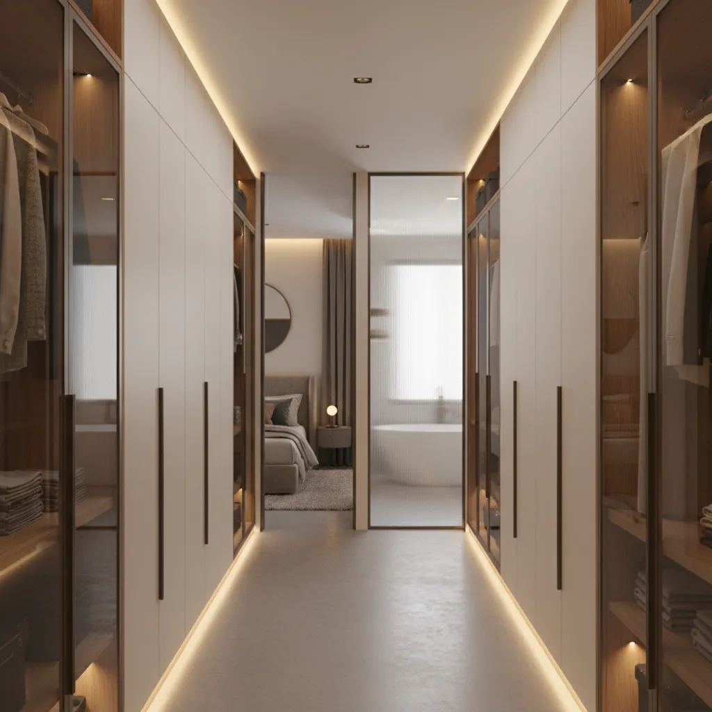 walk in dressing room corridor connecting bedroom and bathroom