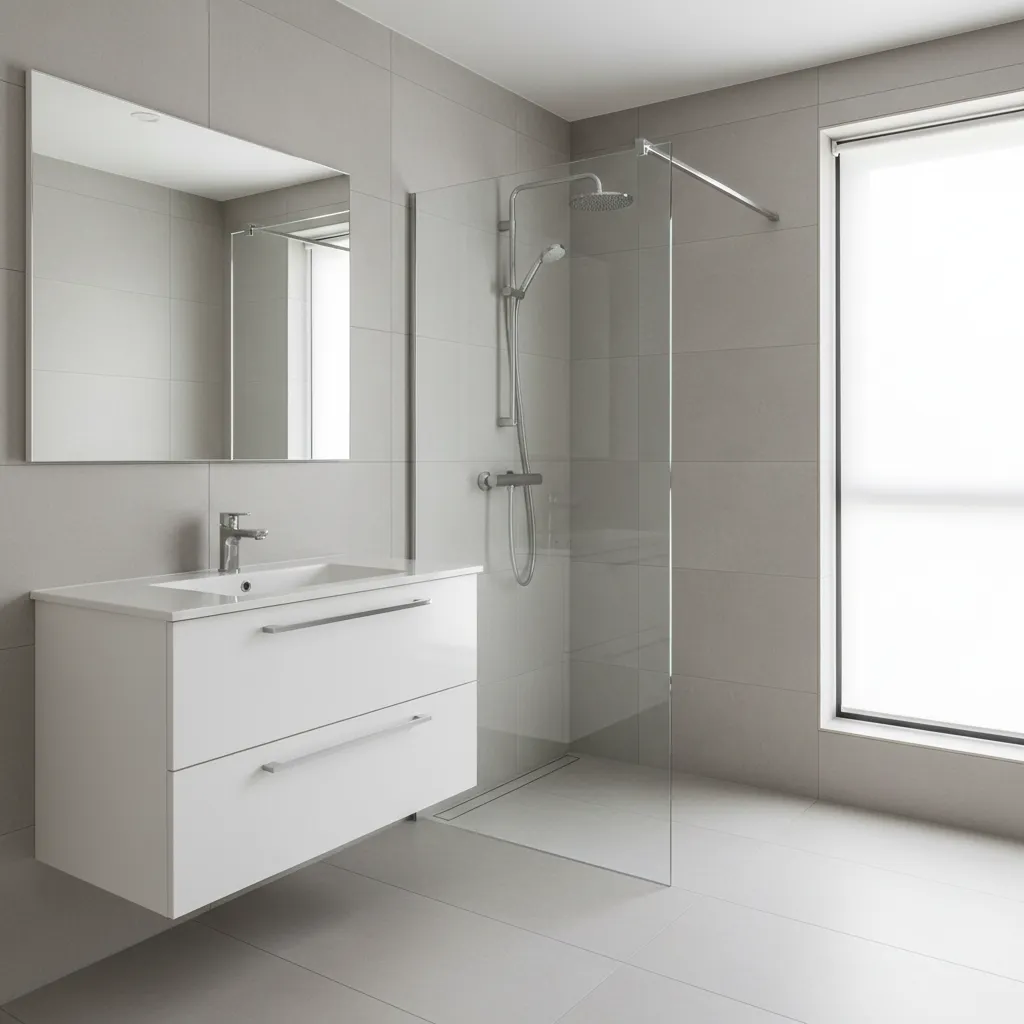 Small bathroom with frameless walk in glass shower and bright tile walls