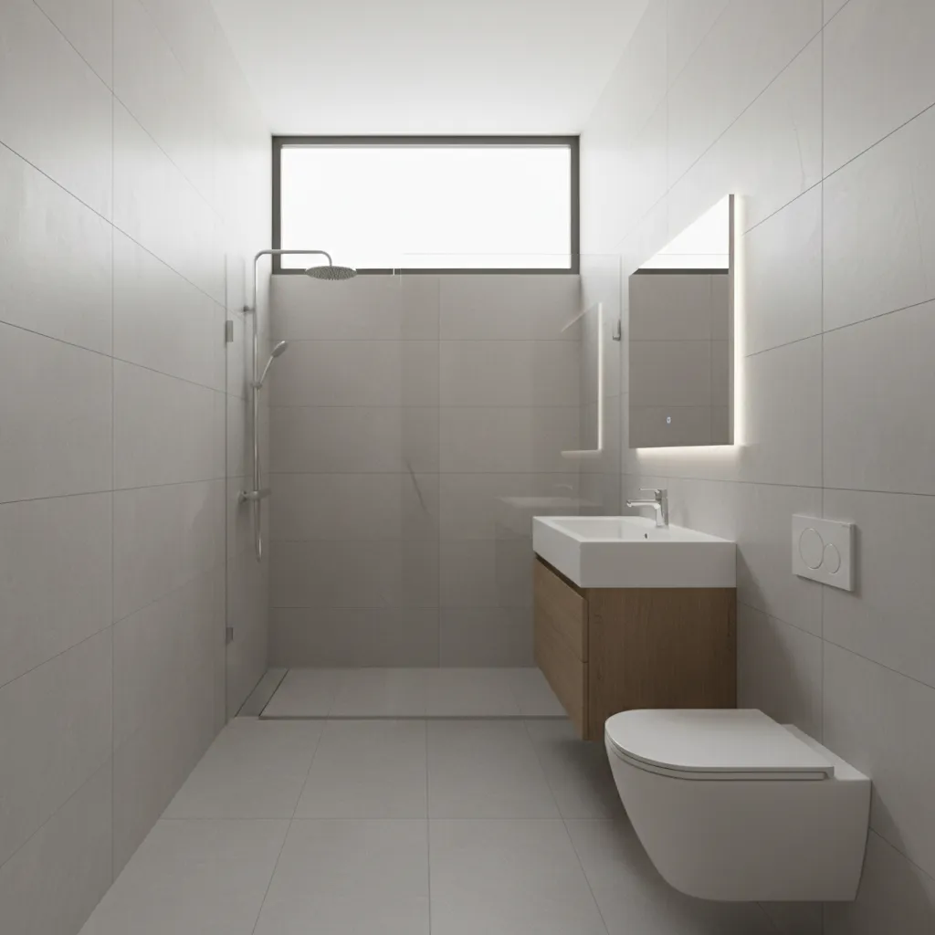 modern 4m2 bathroom with walk in shower glass panel floating vanity and toilet layout