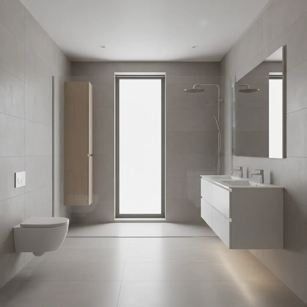 glass walk-in shower layout inside a 9x14 master bathroom