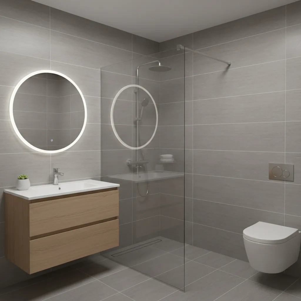 modern 9x5 bathroom layout with walk in glass shower