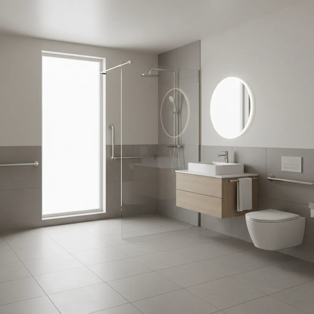 Accessible bathroom with walk-in shower and grab bars for elderly safety