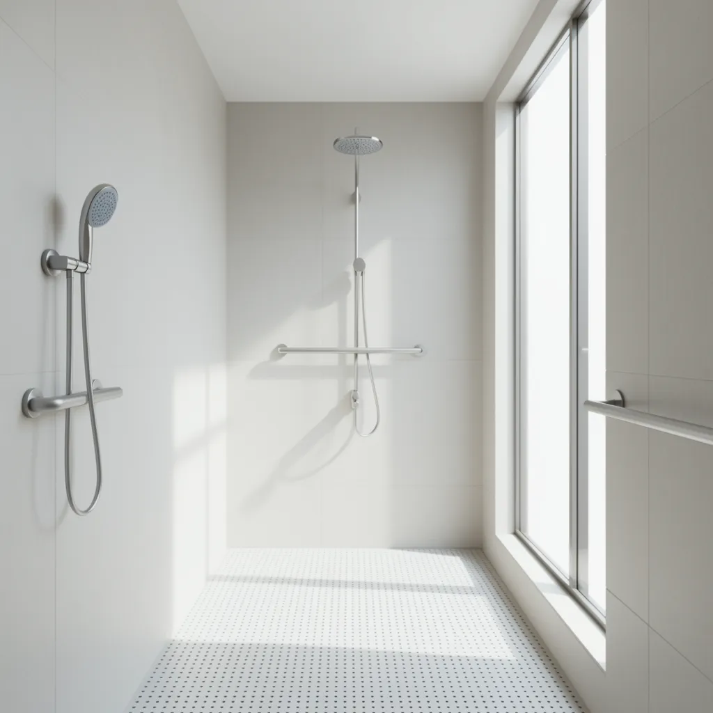 Accessible walk-in shower with grab bars and slip resistant floor