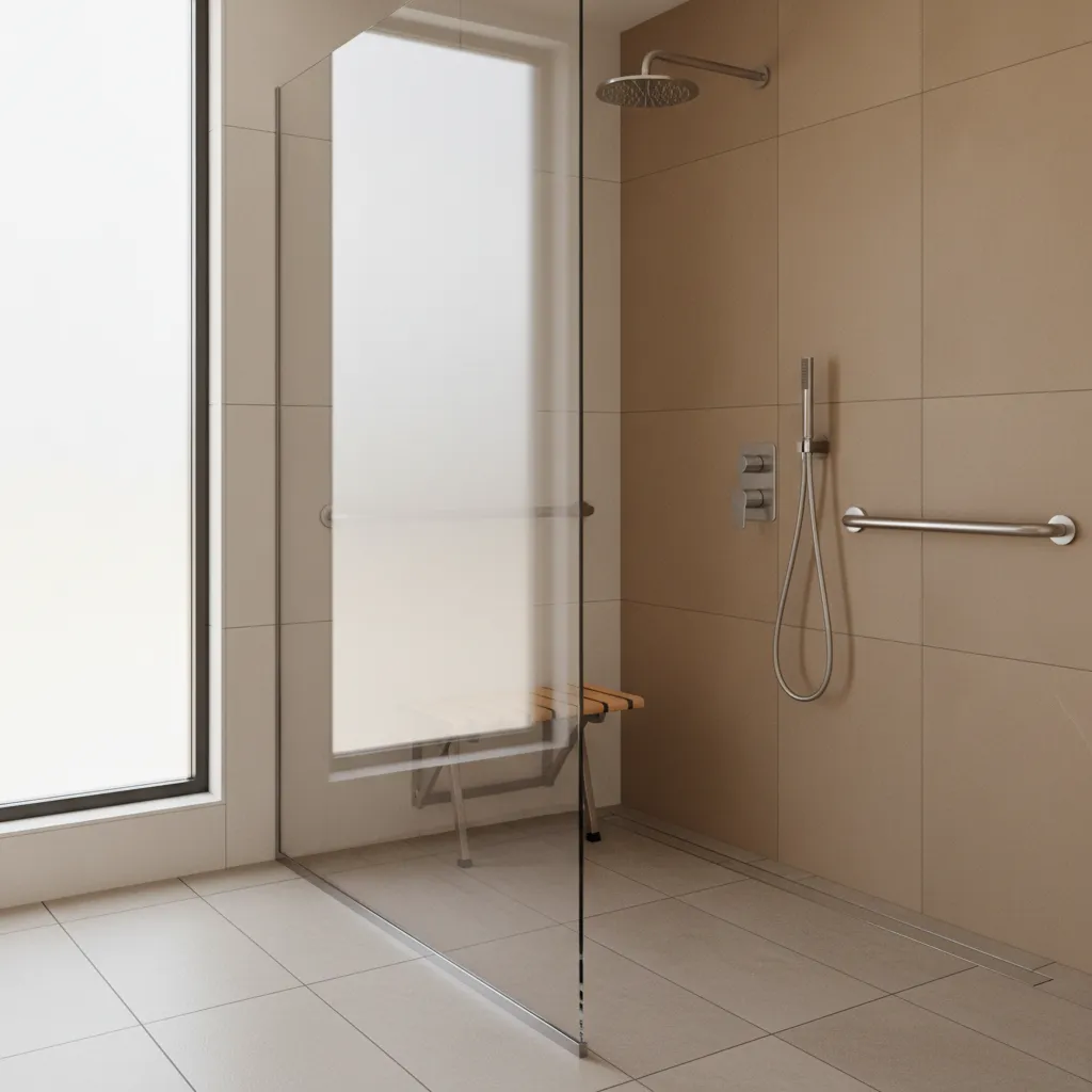 Curbless walk in shower with safety grab bars and seat for disabled accessibility