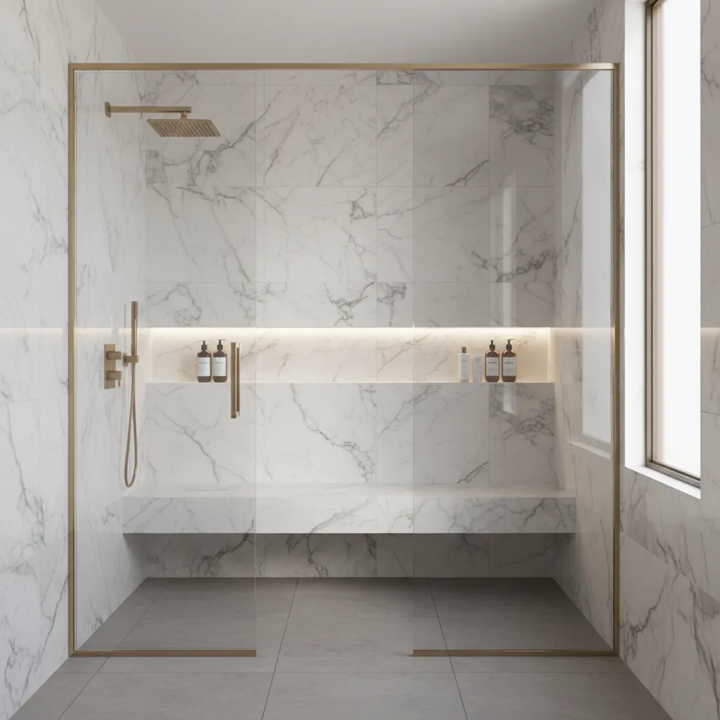 walk in shower with built in tiled bench and glass enclosure