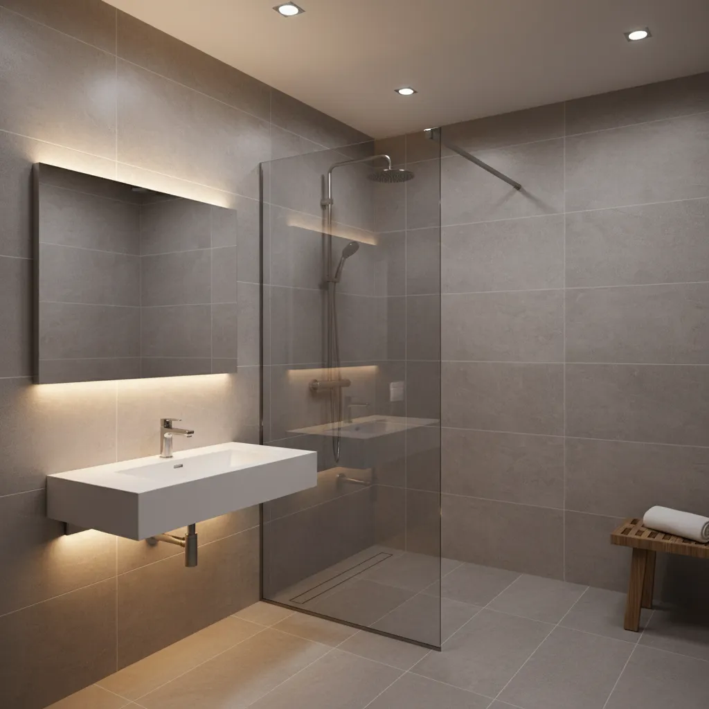 Ducha walk-in moderna en baño residencial