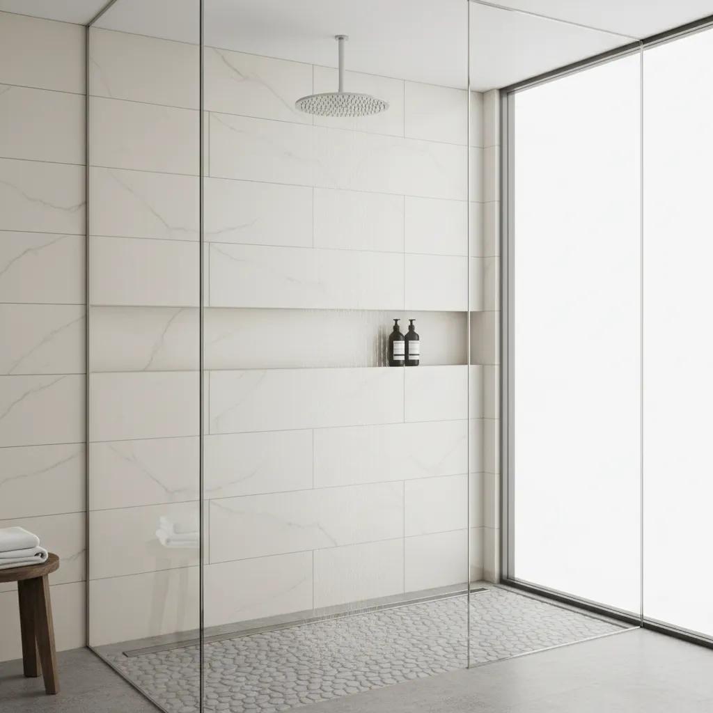Glass walk in shower design used in modern hotel bathrooms