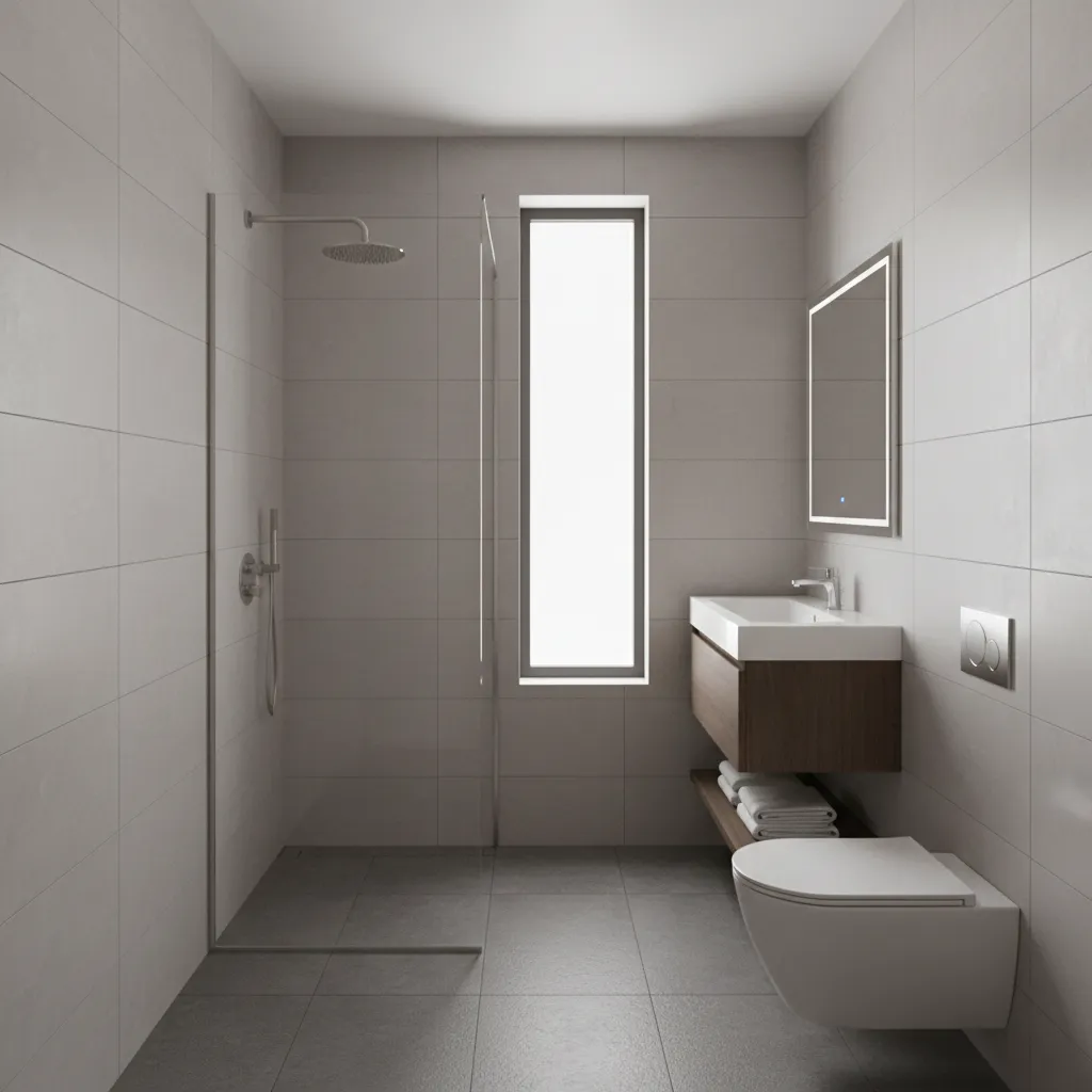 Walk in glass shower in narrow modern bathroom layout