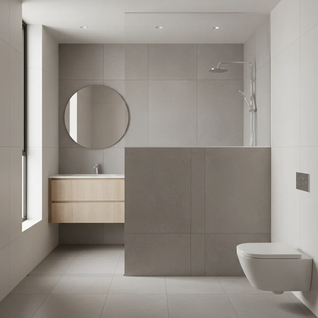 Walk-in shower with pony wall divider in modern apartment bathroom