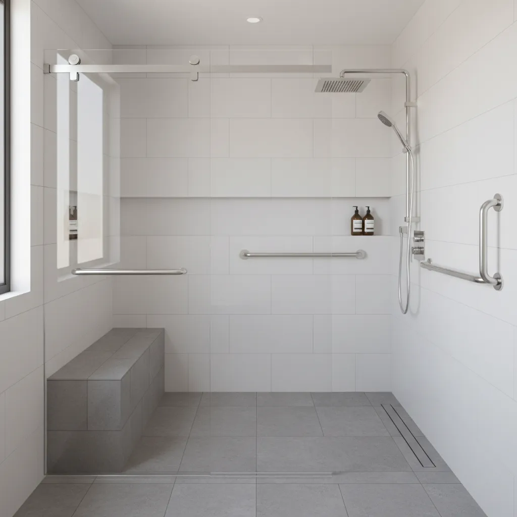 walk in shower with non slip floor and grab bars for senior safety