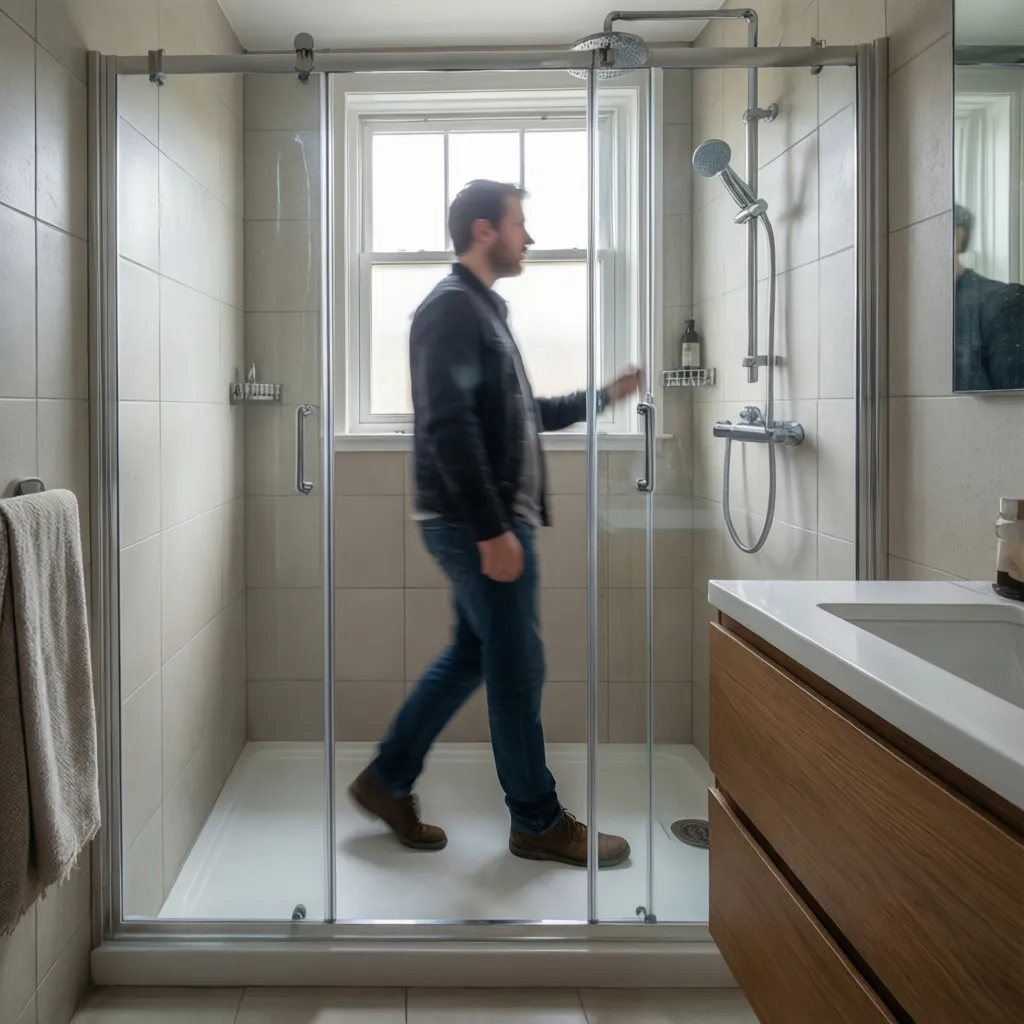 Man walking past glass shower door in bathroom with bright window wooden cabinet and tiles